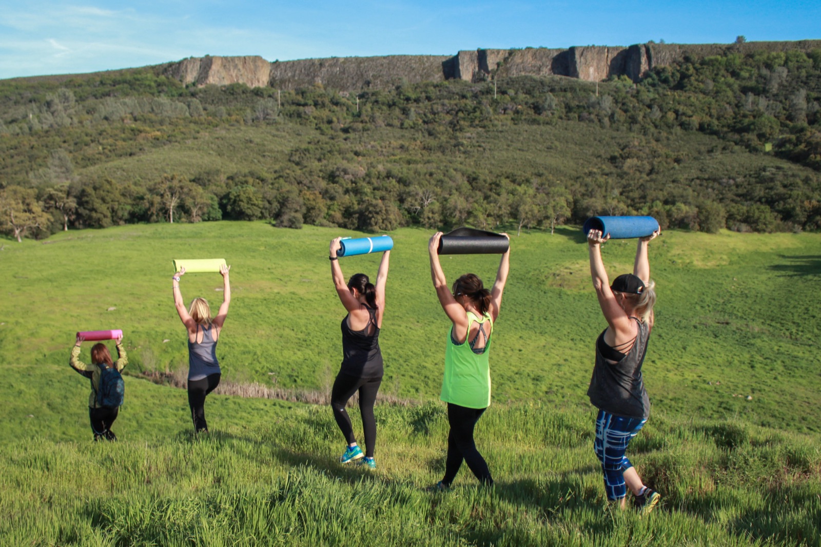 Yoga group carrying mats through a meadow