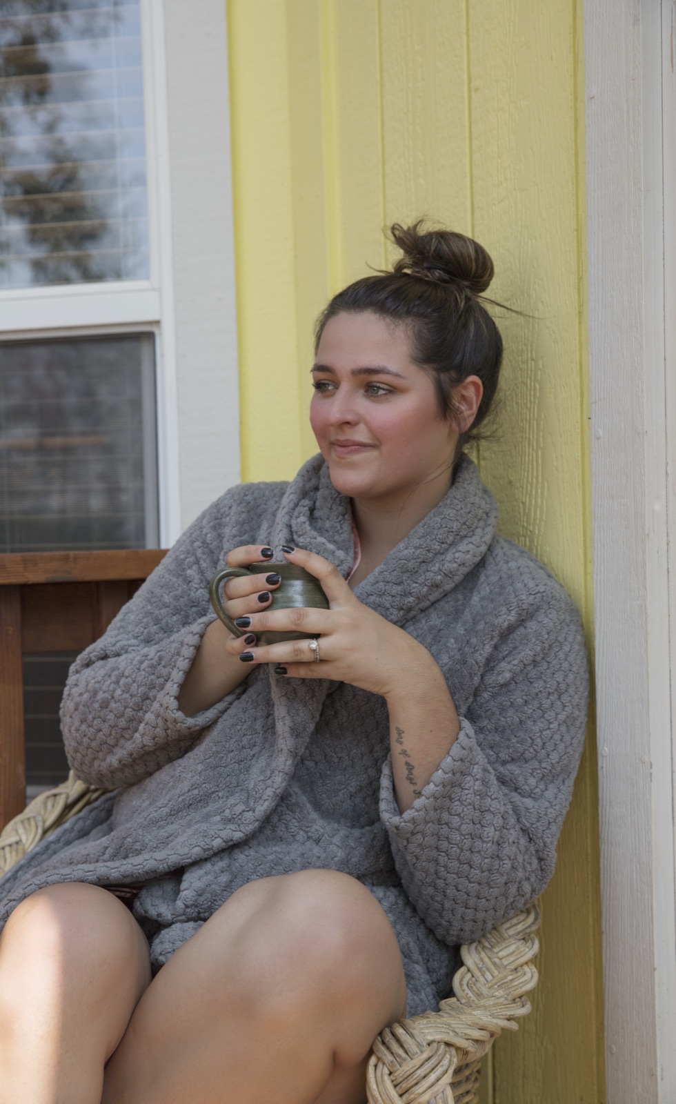 Relaxing with tea on the cabin porch